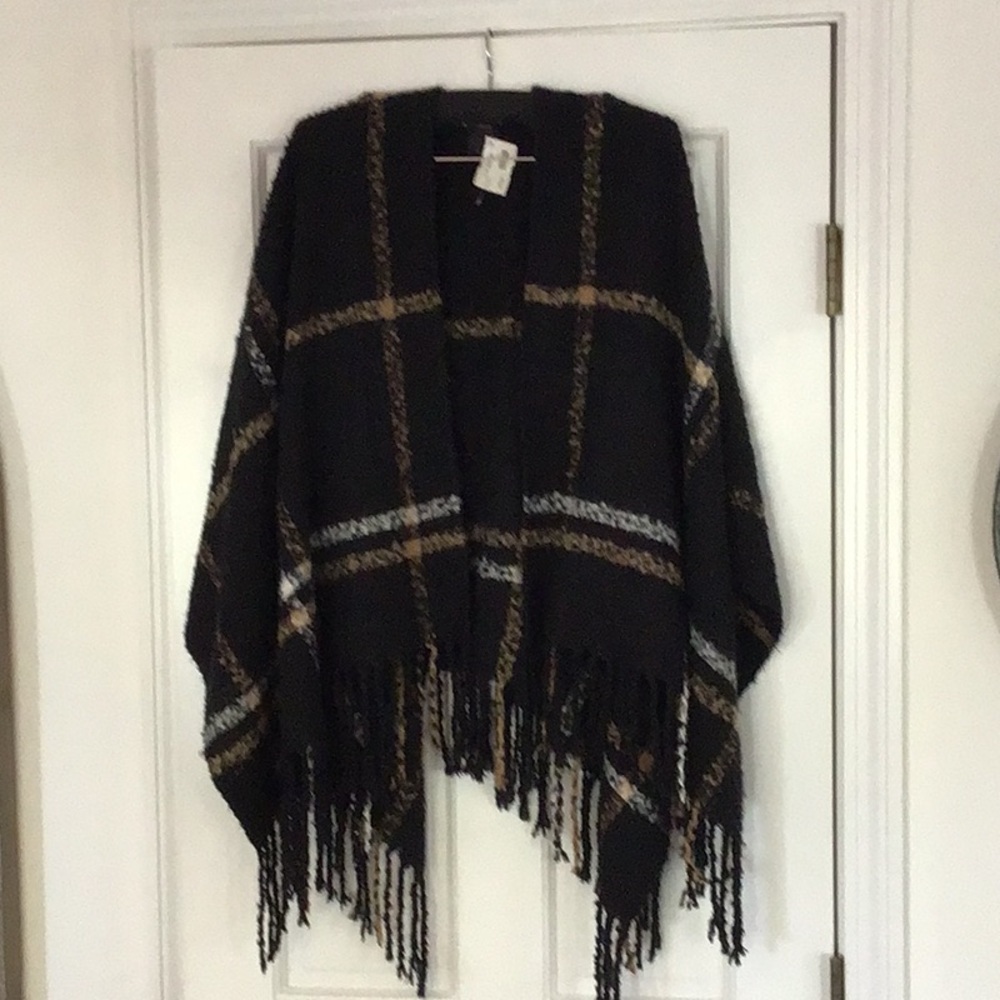 NEW, Black Plaid Fringe Poncho, one size.